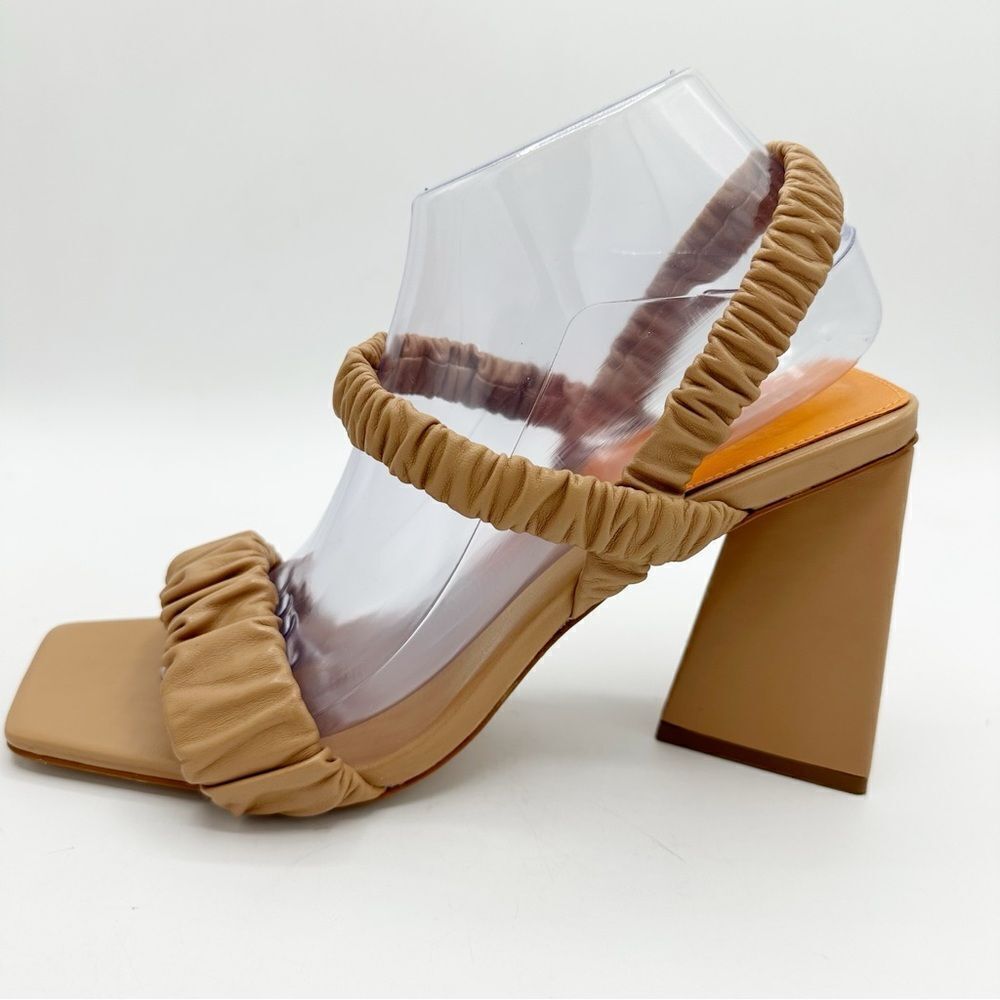 SCHUTZ Lirah Crinkled Nappa Leather Square Toe Sculptural Heel Sandal‎ Sz 10B
